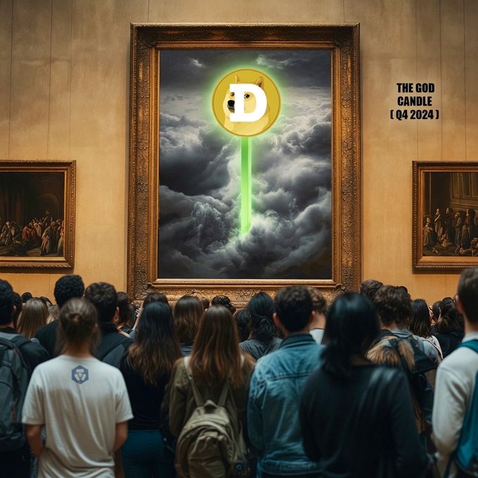 A crowd gazes at a painting in a museum that depicts the Dogecoin logo within a beam of green light breaking through dark clouds, with the title "The God Candle [Q4 2024]" emphasizing its historical significance as implied by the accompanying post. The image visually represents the post's theme of Dogecoin's potential rise to legendary status, akin to a masterpiece.