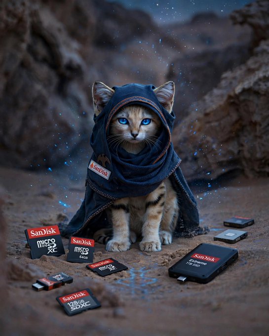 A digitally generated image of a kitten wearing a blue hooded cloak, sitting on a sandy surface surrounded by scattered SanDisk microSD and SD memory cards in a rocky landscape with glowing blue particles.
