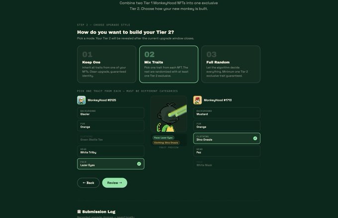 A web interface for a "Monkeyhood" NFT mint site, showing a step to "Choose Upgrade Style" for a Tier 2 with options like Keep One, Mix Traits, and Full Random, featuring a green laser-eyed monkey graphic.