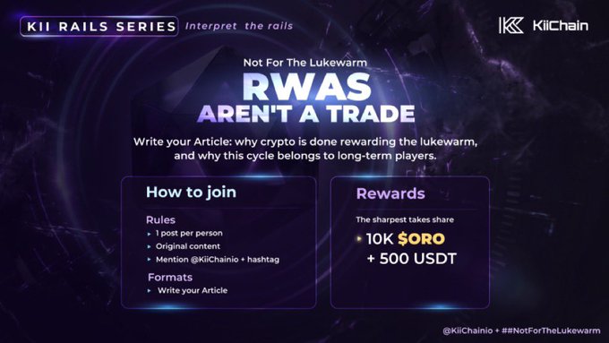 The image features a poster for a cryptocurrency news article called "Not For The Lukewarm Rwas Aren't A Trade". The poster promotes this new article, which has been written by @KiiChainio, an official website, and contains guidelines on how to enter and win. The main focus of the advertisement is that if people join the UGC campaign, they will receive $500 + $10k USDT as a reward.