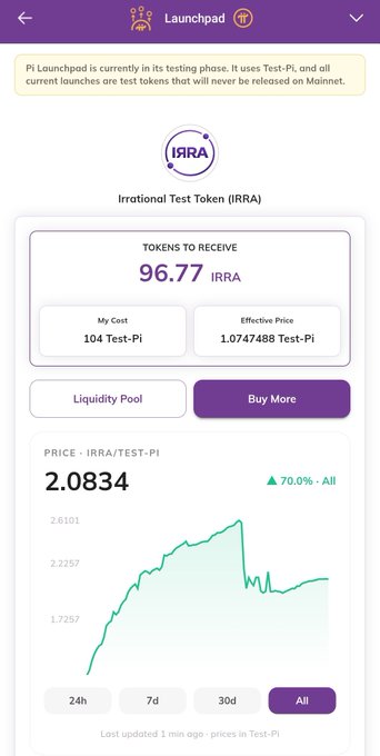 The image shows Pi Network's Launchpad displaying the Irrational Test Token (IRRA) with a live price chart showing a current price of 2.0834 IRRA/TEST-Pi (up 70%), and tokens to receive at 96.77 IRRA. This visual relates to the post by illustrating the new live token price chart feature within the Pi Launchpad, allowing users to track IRRA's price movements and compare effective prices against current market values.
