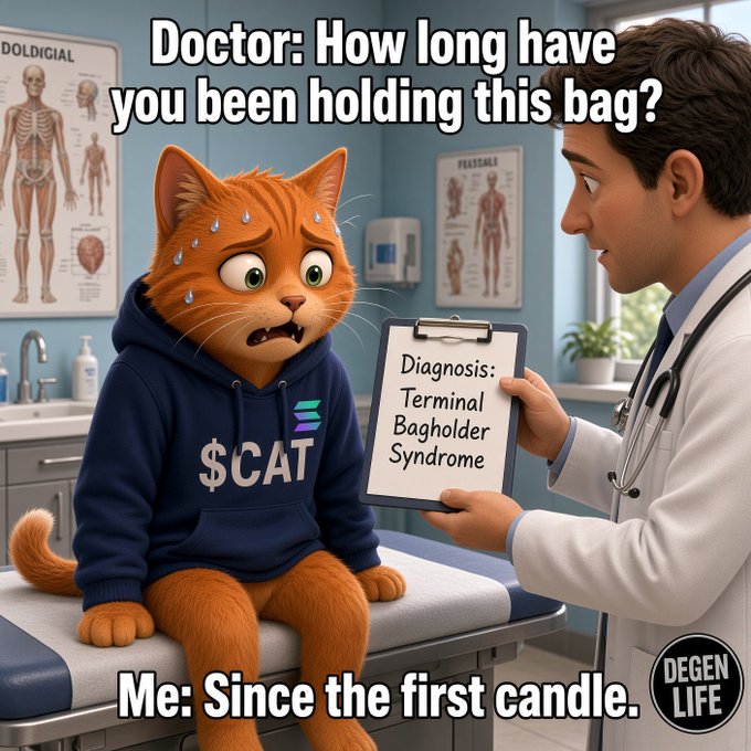 A meme showing an orange cat in a blue hoodie sitting on a doctor's examination table looking nervous, while a doctor holds a clipboard reading 'Diagnosis: Terminal Bagholder Syndrome' and asks how long the cat has been holding the bag, to which the caption replies 'Since the first candle.'