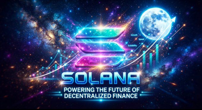 A cosmic-themed promotional graphic for Solana displays the blockchain's logo with the tagline "POWERING THE FUTURE OF DECENTRALIZED FINANCE" against a starry background featuring the moon and growth charts labeled "Growth" and "Speed."