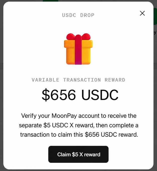 A digital pop-up advertises a 'USDC DROP' with a gift box icon, offering a 'VARIABLE TRANSACTION REWARD' of $656 USDC and a button to 'Claim $5 X reward' from MoonPay.