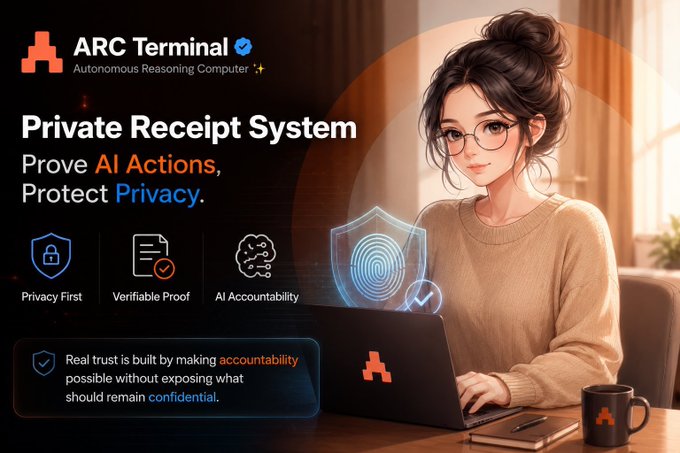 An advertisement for 'ARC Terminal' features an illustrated woman using a laptop, promoting their 'Private Receipt System' to 'Prove AI Actions, Protect Privacy' with icons for Privacy First, Verifiable Proof, and AI Accountability.