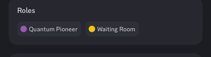 A dark-themed UI element showing a 'Roles' section with two tags: a purple 'Quantum Pioneer' badge and a yellow 'Waiting Room' badge.