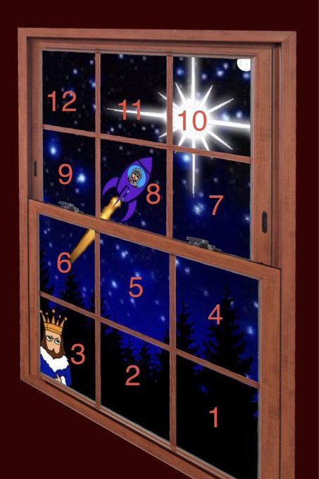 An advent calendar designed as a window showing a night scene with numbers 1-12, featuring a rocket ship, stars, and a king illustration.