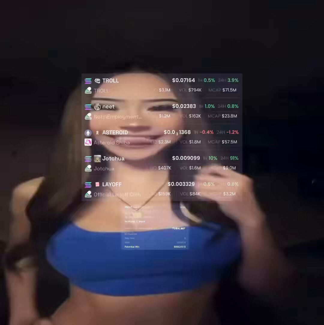 The image features a woman wearing a blue top, with her hair styled in an updo. She appears to be posing for a photo or video, possibly for a social media platform. The background of the image is dark, which contrasts with the bright blue color of the woman's outfit and draws attention to her. In the bottom right corner of the image, there are several text elements that seem unrelated to the main subject - "good morning CT sentiment shift on solana memes generational entry on my coins $TROLL -OG internet meme with IP rights acquired instantly recognisable amongst normies banger @CrashiusClay69 $NEET - neet $KINTARA". These texts appear to be unrelated to the woman and her appearance, but they are still present in the image.