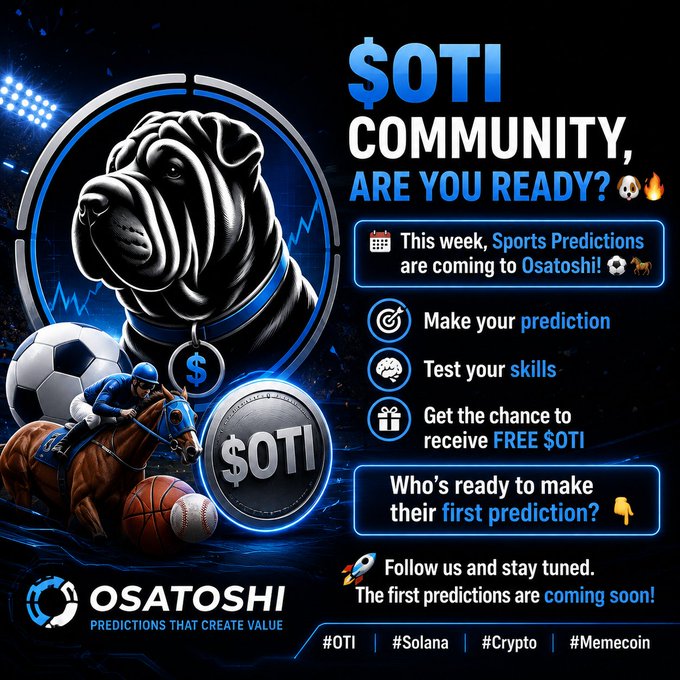 Promotional graphic for Osatoshi featuring a black dog mascot wearing a chain with a $ symbol, alongside sports imagery and text announcing '$OTI COMMUNITY, ARE YOU READY?' with sports predictions and hashtags #OTI #Solana #Crypto #Memecoin.
