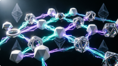 Abstract digital artwork showing geometric shapes connected by glowing neon blue and purple energy streams against a dark background.