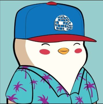 A cartoon illustration of a cute penguin character wearing a blue baseball cap and a tropical-patterned shirt.