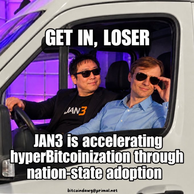 A meme image styled like a movie poster showing two men in sunglasses sitting in a white truck, with top text "GET IN, LOSER" and bottom text reading "JAN3 is accelerating hyperBitcoinization through nation-state adoption," credited to bitcoindawg@primal.net.
