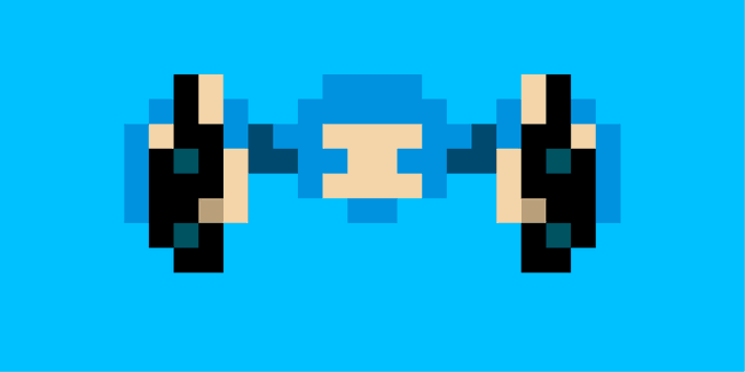 A pixel art illustration of a blue and beige dumbbell on a bright cyan background.