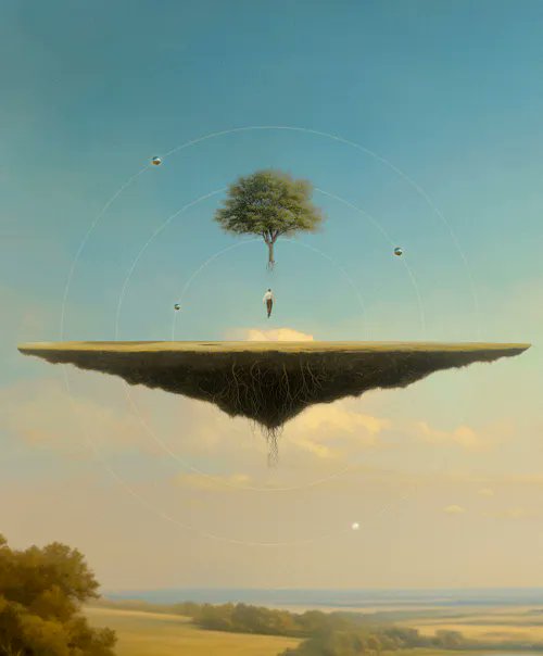 A surreal painting depicts a figure walking on a floating island of earth with a tree suspended above it, set against a sky with concentric circles and small planets. Below the island, exposed roots hang down over a landscape with a distant horizon.