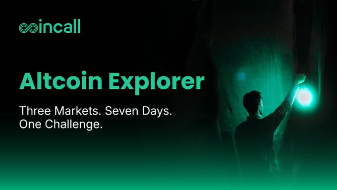 A promotional banner for "incall" titled "Altcoin Explorer" with the tagline "Three Markets. Seven Days. One Challenge," featuring a figure holding a glowing green orb in a dark setting.