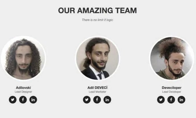 A 'Our Amazing Team' webpage section showing three circular portraits labeled Adilovski (Lead Designer), Adi Deveci (Lead Marketer), and Deveveloper (Lead Developer), each with social media icons beneath.