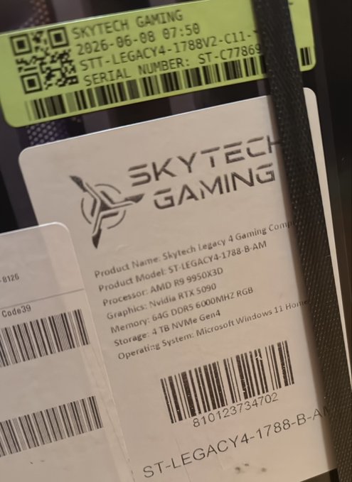 A product label for a 'SKYTECH GAMING' Skytech Legacy 4 Gaming Computer, showing specs including an AMD R9 9950X3D processor, Nvidia RTX 5090 graphics, and 4 TB NVMe Gen4 storage.