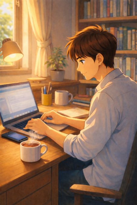 An anime-style illustration of a young man with brown hair working on a laptop at a wooden desk, with a steaming coffee mug, books, and a window in the background.