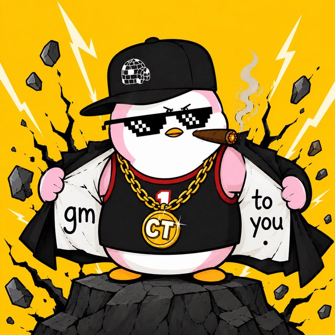 An illustration of a cartoon penguin wearing pixelated sunglasses, a black cap, a gold chain with 'GT' pendant, and a 'gm to you' shirt, smoking a cigar on a yellow background.