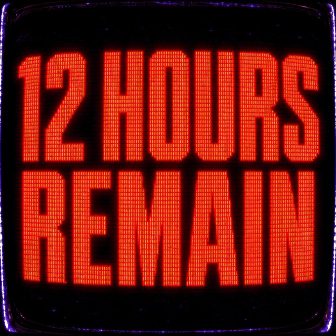 An LED countdown display shows "12 HOURS REMAIN" in bright red text, representing the time left for the user to execute their trading plan involving ZEC (Zcash) bids and potential secondary market purchases. The 12-hour window reflects the urgency tied to Plan 1a (bidding 1 ZEC for 5) and Plan 1b (recovering ZEC to scoop on the secondary market).