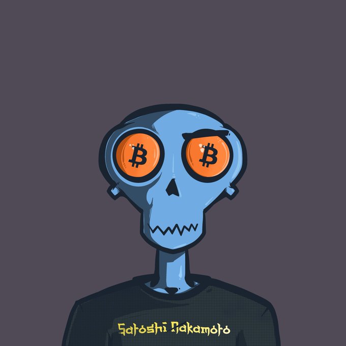 A digital illustration of a blue cartoon skeleton character wearing a black t-shirt with 'Satoshi Nakamoto' written on it, featuring Bitcoin logos in place of its eyes.