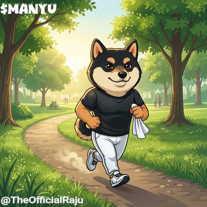 The image features a cartoon dog wearing black t-shirt, white pants, and sneakers running down a path with trees around him. The caption of the image reads "The Official Raju" which suggests that this is an official post or meme related to the creator of the cartoon character.