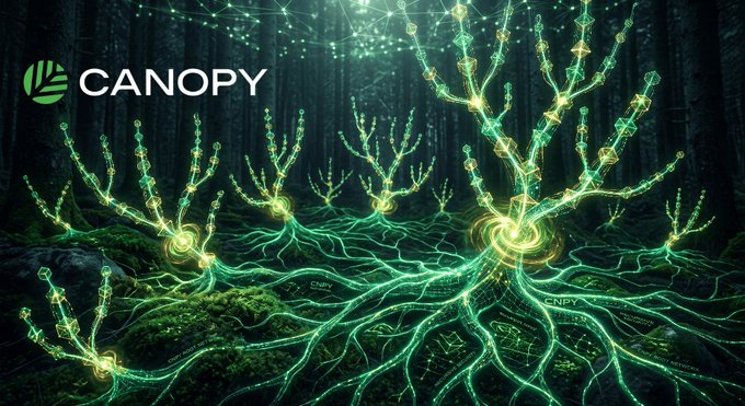 A dark forest scene features glowing green network-like roots and branches spreading across the ground, with the "CANOPY" logo in the top left and "CNPY" nodes embedded throughout the luminous web. The imagery visually represents the post's description of the Canopy network's expanding ecosystem, where interconnected roots and nodes symbolize how each new chain contributes to and strengthens the overall security and liquidity of the CNPY network.