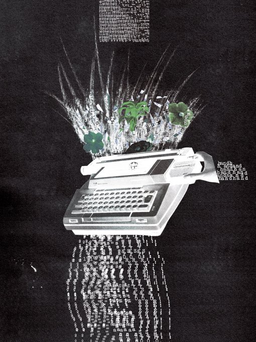 A surreal black-and-white collage featuring a vintage typewriter with green flowers sprouting from its paper, set against a dark background with cascading streams of digital text and binary code cascading below it.