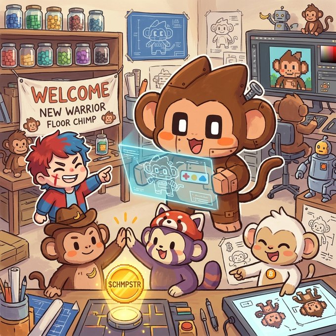 A colorful cartoon illustration of chimp characters in a workshop setting with a 'WELCOME NEW WARRIOR FLOOR CHIMP' banner, featuring a central chimp holding a holographic display, multiple chimps around a glowing $CHMPSTR coin, and design blueprints in the background.