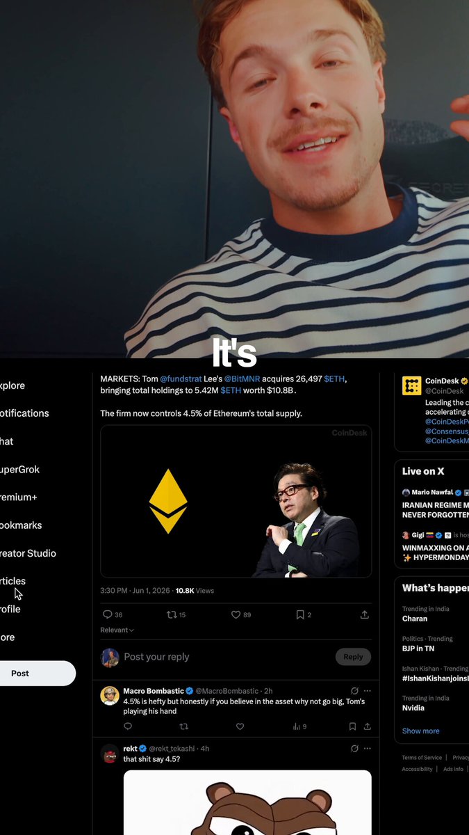 The image shows a man with a beard wearing a striped shirt, smiling at the camera while holding up his phone. The photo also contains text that reads "It's", which could be part of a caption or a hashtag related to the post. The main content of the image is an advertisement for Ethereum, and it appears to be promoting Bitcoin as well.