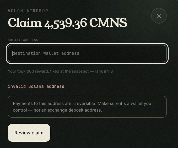 A dark-themed "VOUCH AIRDROP" modal offers to claim 4,539.36 CMNS tokens by entering a Solana wallet address, currently flagging it as "invalid Solana address" and noting a top-1000 reward at rank #413, matching the post's reference to a CMNS airdrop.