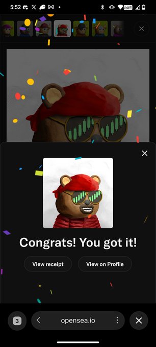 A mobile screenshot from opensea.io showing a successful NFT purchase of a bear wearing a red bandana and sunglasses, with a 'Congrats! You got it!' message and confetti.