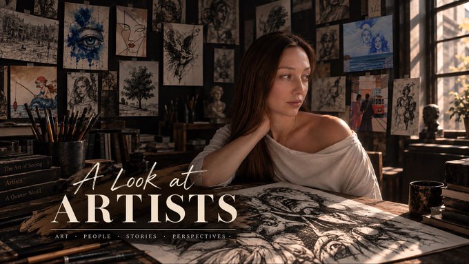 A promotional banner titled 'A Look at ARTISTS' featuring a young woman seated at a desk with charcoal drawings, surrounded by artwork on the walls and books including 'The Art of Seeing'.