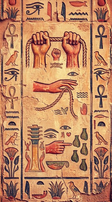 A stone tablet or carving featuring ancient Egyptian-style hieroglyphics and illustrations, including hands, a rope, ankh symbols, eyes, and birds.