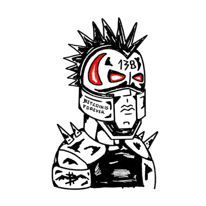 A stylized, sketch-like illustration of a cyborg figure with spiky hair, red glowing eyes marked '138', and a jaw guard labeled 'BITCOIN IS FOREVER'.