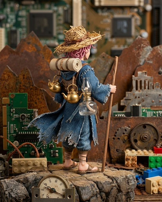 The image features a statue of a person dressed as a traveler with a hat and backpack, standing on a rock or ledge surrounded by various objects such as clocks, gears, and other electronics. The scene appears to be set in an urban environment, possibly a city street or a park. The post about the Quantum Echoes collection seems to be related to this statue, as it is described as "a collection of artworks that are inspired by the Quantum Echoes open edition". This suggests that the image might be promoting or showcasing these artworks on social media platforms like Instagram and Twitter.
