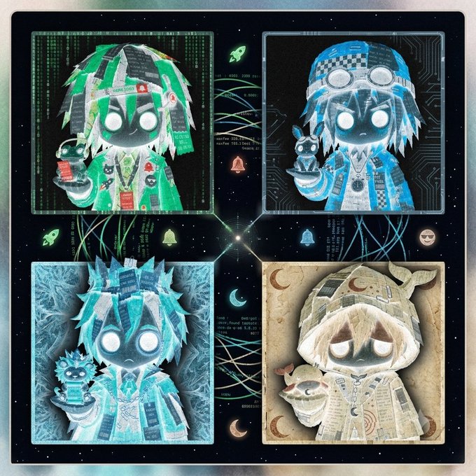 A digital collage showing four stylized anime-like characters with glowing eyes, each in a different themed frame (green hacker, blue tech, ice crystal, and sepia moon/cosmic themes) connected by flowing digital lines.