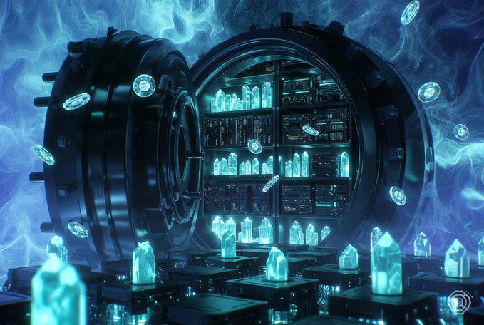 An open vault filled with glowing blue crystal-like gems and coins sits amid swirling blue mist, with more crystals displayed on pedestals in the foreground. The "TGIF" (Thank God It's Friday) caption pairs with the imagery to suggest a rewarding payday or end-of-week treasure, evoking the excitement of unlocking riches after a long week.