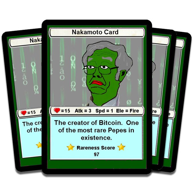 A digital trading card titled 'Nakamoto Card' depicting a green-skinned character, described as 'The creator of Bitcoin. One of the most rare Pepes in existence' with a Rareness Score of 97.