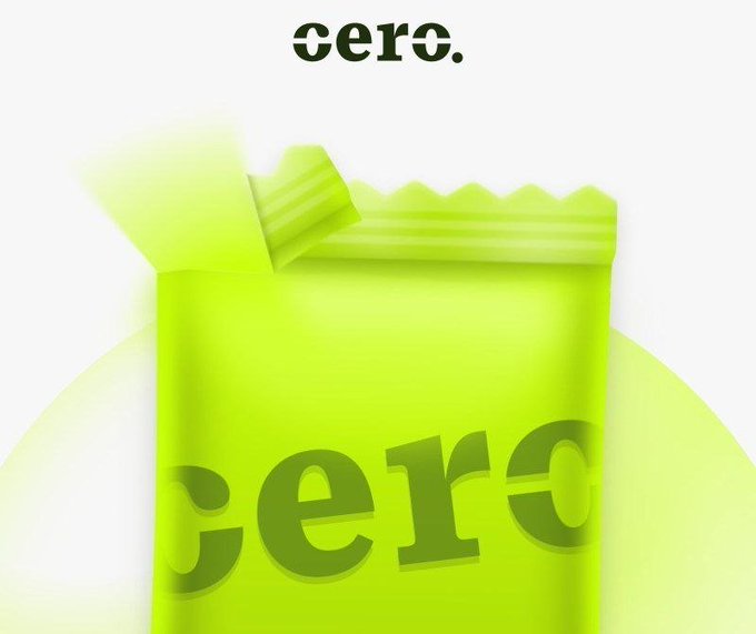A bright green product pouch or package with "cero." branding visible both at the top and in a darker green translucent font on the package itself.
