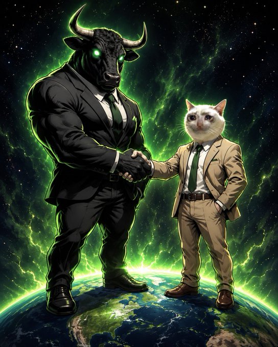 A menacing bull in a black suit and a cat in a tan suit shake hands atop Earth, surrounded by a cosmic green nebula, symbolizing a powerful alliance or market partnership. This surreal handshake visually represents the bullish partnership and rising momentum described in the post, where $CASHCAT and $ANSEM unite as meme forces destined to dominate the Robinhood Chain.