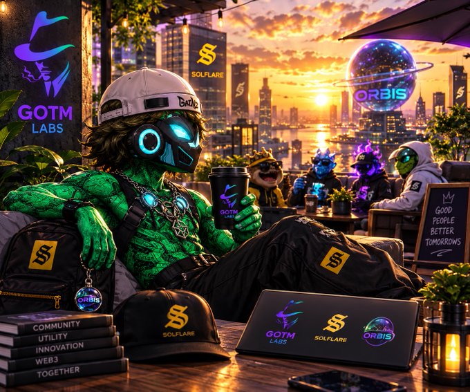 A promotional image featuring a green-skinned cyborg character wearing Solflare and Orbis branded merchandise, with logos for 'GOTM LABS', 'SOLFLARE', and 'ORBIS', and text reading 'COMMUNITY UTILITY INNOVATION WEB3 TOGETHER'.