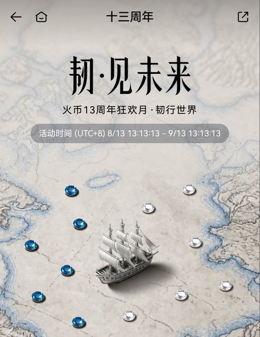 A promotional graphic featuring a 3D ship sailing on a treasure map background, with Chinese text including '十三周年' (13th Anniversary) and '初·见未来' (First Glimpse of the Future).
