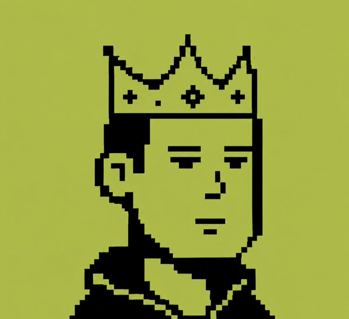 A pixel-art portrait shows a stoic figure wearing a crown against an olive-green background.