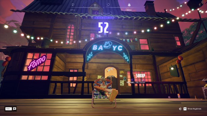 A vibrant 3D animated scene of a two-story building labeled 'BA YC 305' with neon signs for 'Foto' and 'Soxkp', lit by string lights at dusk.