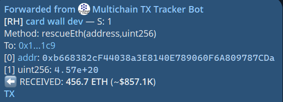A Telegram-style forwarded message from Multichain TX Tracker Bot reporting a successful rescueEth transaction to address 0x1...1c9, where 456.7 ETH (~$857.1K) was received.