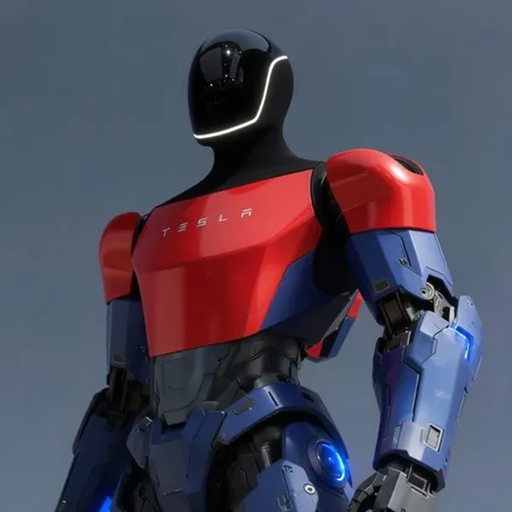 A 3D-rendered humanoid robot wearing red, blue, and black armor displays the 'TESLA' logo on its chest against a gradient gray background.