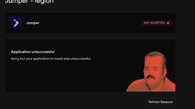 A screenshot of a 'Jumper - Legion' interface showing an 'Application unsuccessful' message with a meme image of a man bathed in red light.