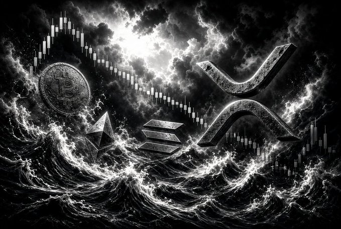 A dramatic black-and-white cryptocurrency-themed artwork featuring stylized representations of Bitcoin, Ethereum, and XRP logos floating above stormy ocean waves with chart candles.