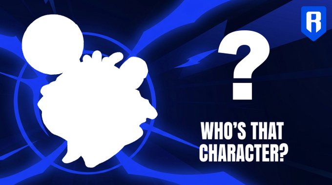 A silhouette of a spiky-haired character (resembling Goku from Dragon Ball) is featured alongside a question mark and the text "Who's That Character?" with a "B" logo in the corner, presenting an interactive guessing game for social media followers.